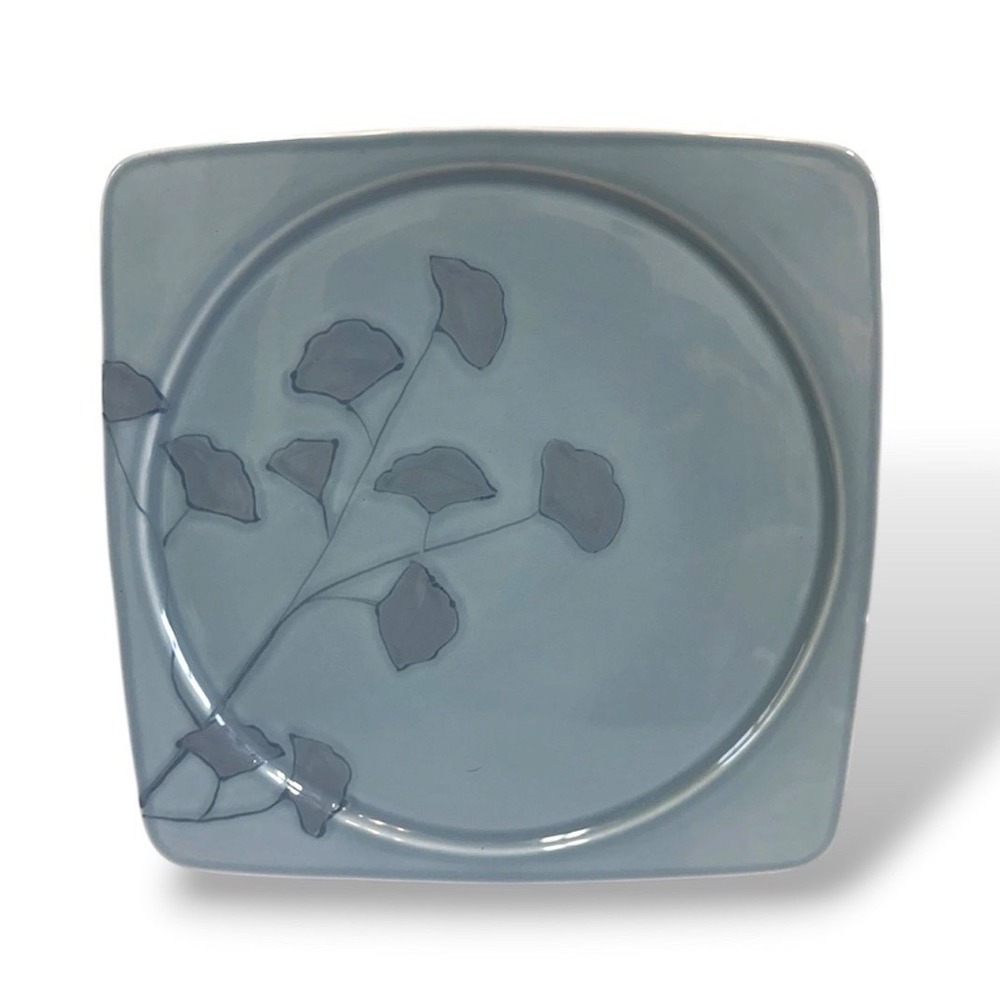Pier 1 Square Earthenware Gingko Serving Platter Blue Flower Leaves Portugal 12"